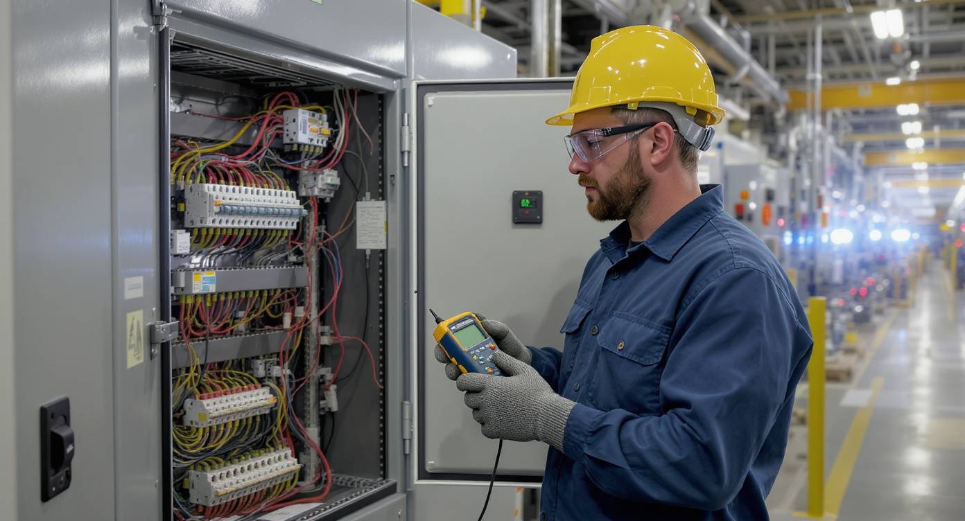 download-6 Técnico de mantenimiento eléctrico diagnosticando falla en switchgear de media tensión durante paro de producción industrial.